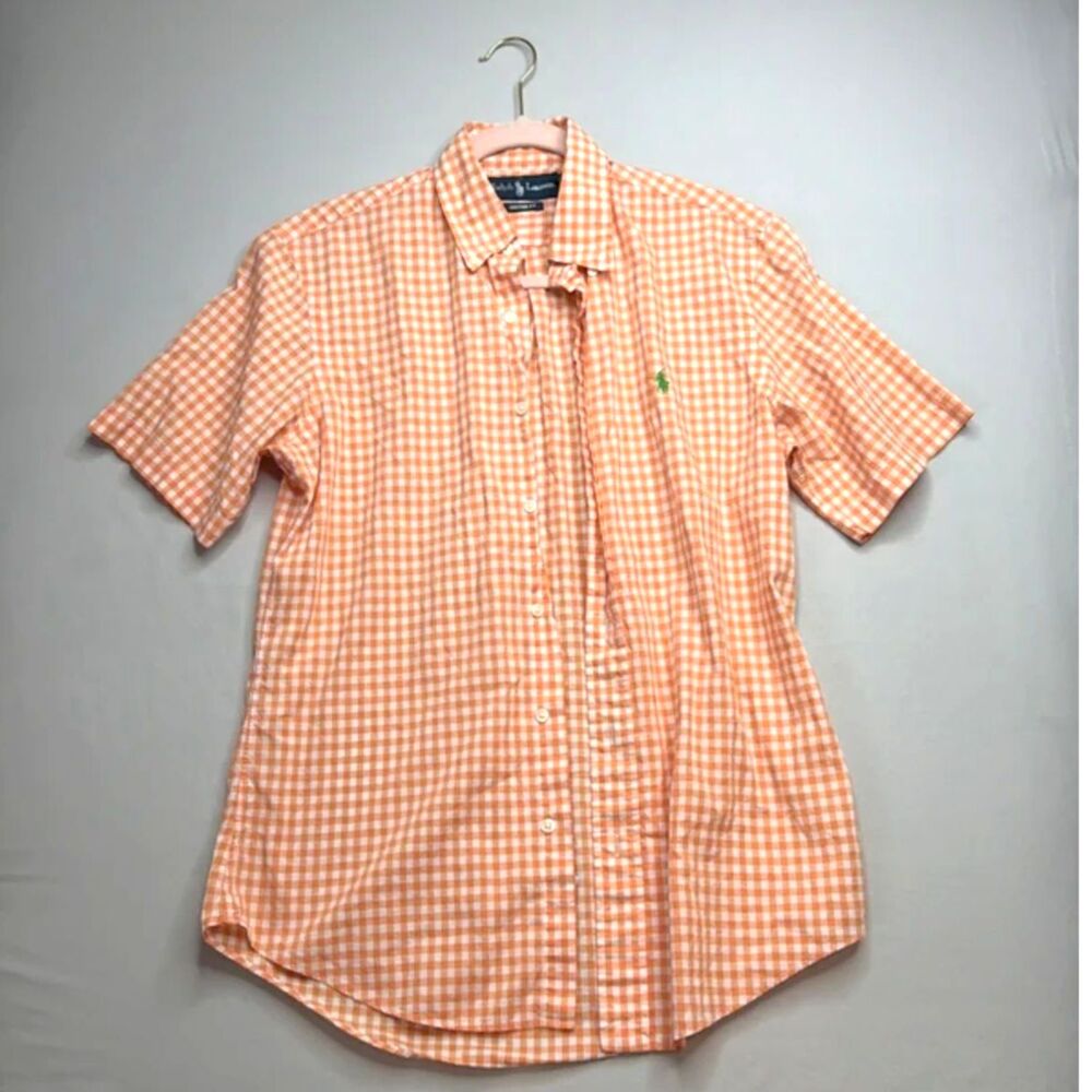 Ralph Lauren Custom Fit Gingham Shirt Mens Small Orange White Short Sleeve